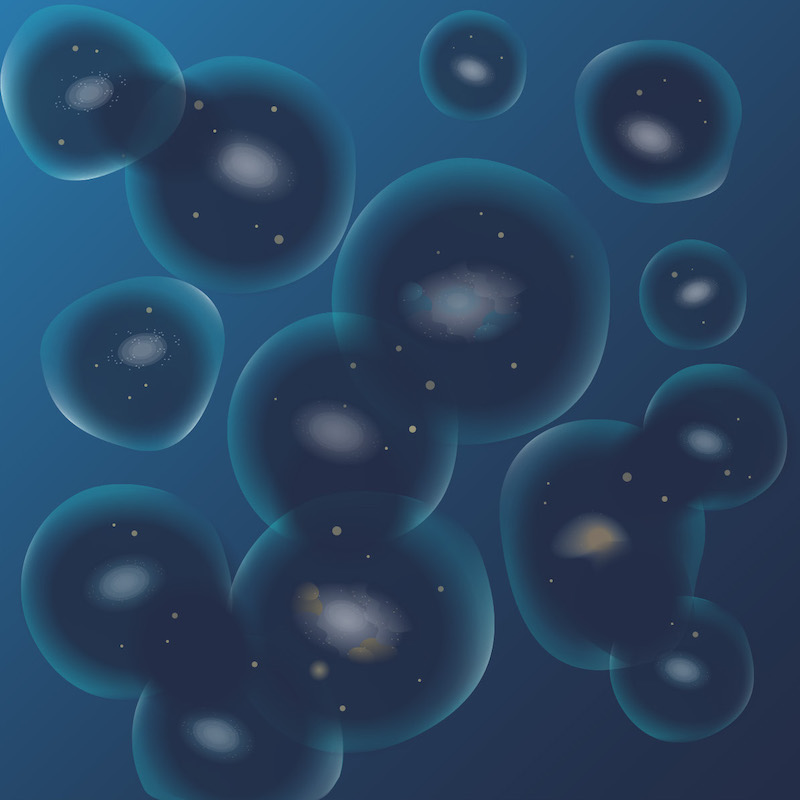 Universe become transparent: Multiple small, oval fuzzy patches inside bluish bubbles within dark blue surroundings.