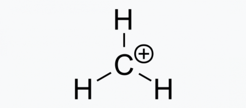 Chemical formula for the the carbon compound methyl cation.