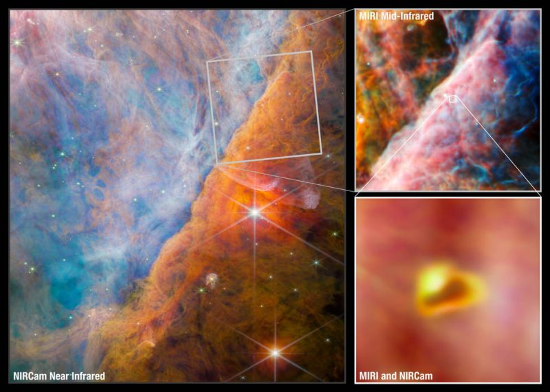 A composite made of 3 images of molecular clouds in space.