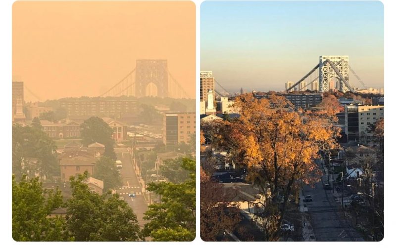 Side by side comparison of Canadian wildfire smoke over a city vs clear skies.