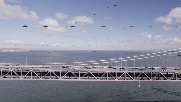 Cars flying above a crowded bridge.