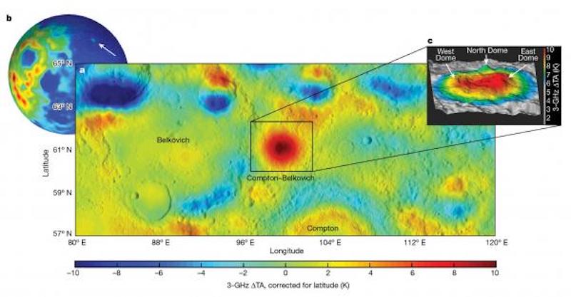 Moon volcano: Map graphic of multi-colored terrain with red spot in middle, insets and text annotations.