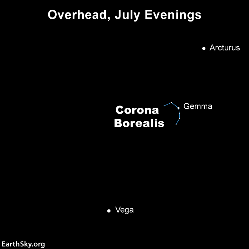 Star chart with Arcturus and Vega labeled and small northern crown constellation between them.
