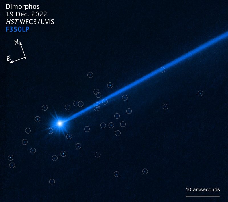 Dart deflecting an asteroid: Comet-like Dimorphos with small bright head and long tail and bright dots with circles around them.