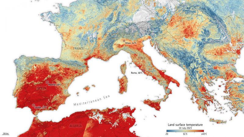 Map of European heatwave showing red around the Mediterranean and most of northern edge of Africa.
