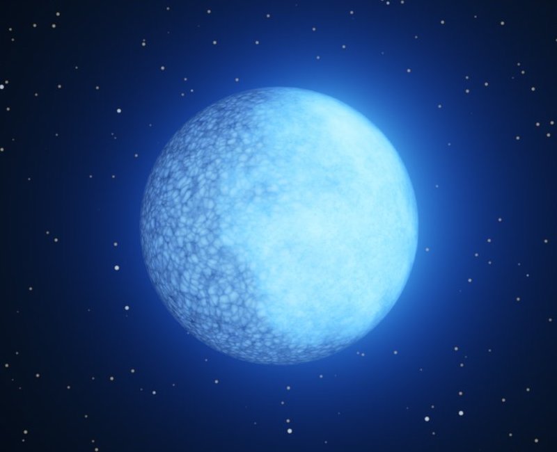 White dwarf star: Whitish-blue sphere with mottled appearance on left side and smoother on the right side, with stars in background.