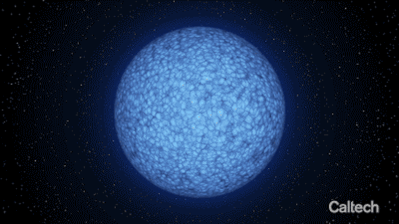 Rotating bluish sphere that looks mottled on one side and smoother and brighter on the other side, on black background.