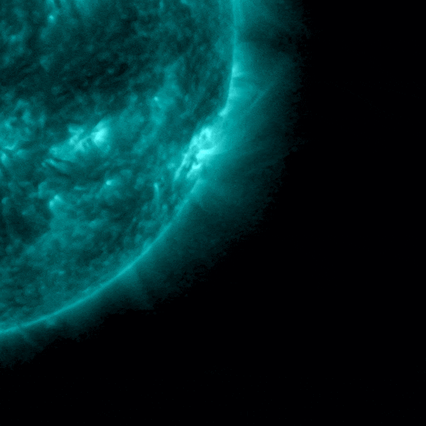 Animation of the sun in teal color shows an explosion.