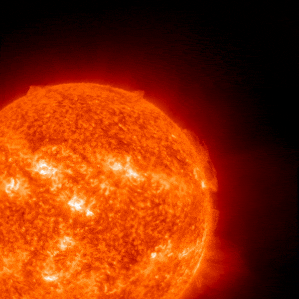 An animation of a red sun shows a big explosion on the solar northwest.