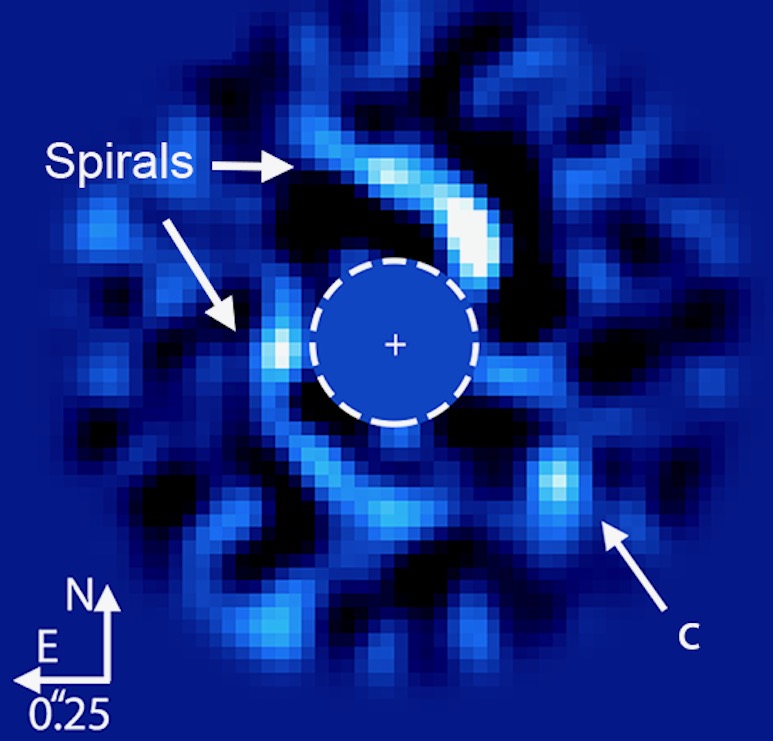 Spiral arms: Round mottled pattern of blue, black and white and central circle with dashed outline and white text inside a blue square.