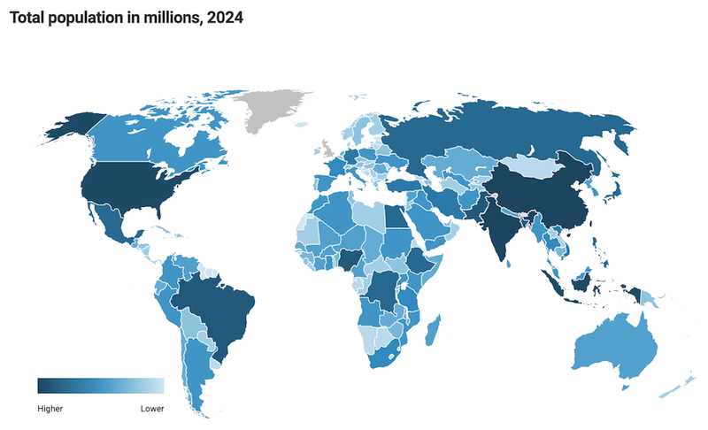 World population day: Global map color-coded by population for July 2024.