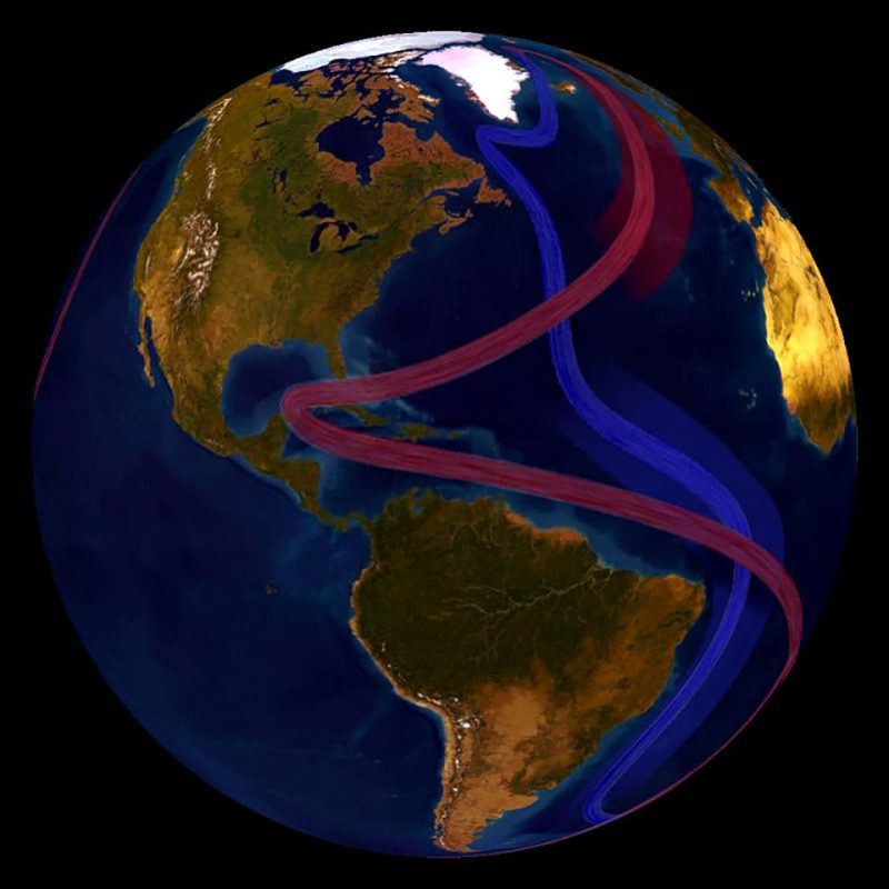 Globe of Earth, with great sweeping lines up and down Atlantic Ocean to indicate ocean currents.