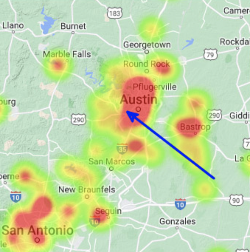 Map showing fireball reports, with an arrow pointing to Austin.