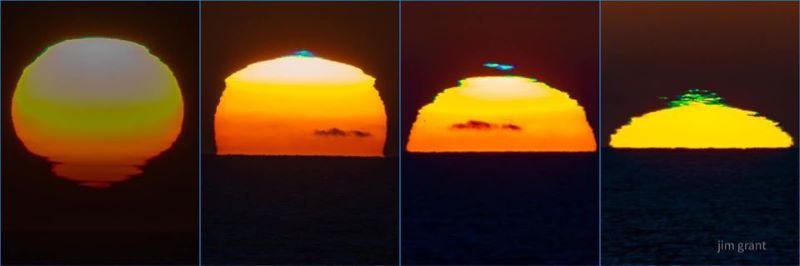 Four images of the sun from just above the horizon to sinking, with a green spot dancing above the last couple.