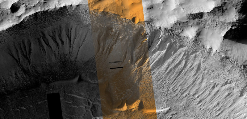 Gullies on Mars: Black and white view of long gullies on a slope with a colored bar crossing the image at an angle.