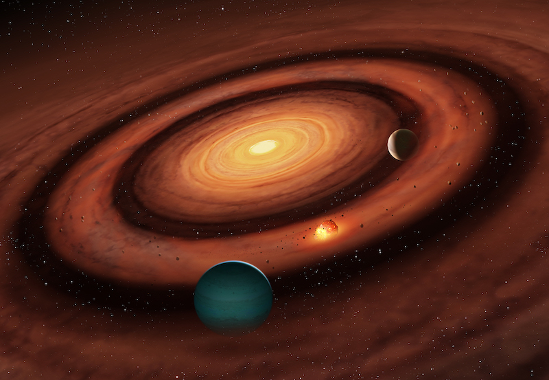 Sandwich exoplanets: Large concentric rings of dusty material with bright center and 2 planets with bright object between them.