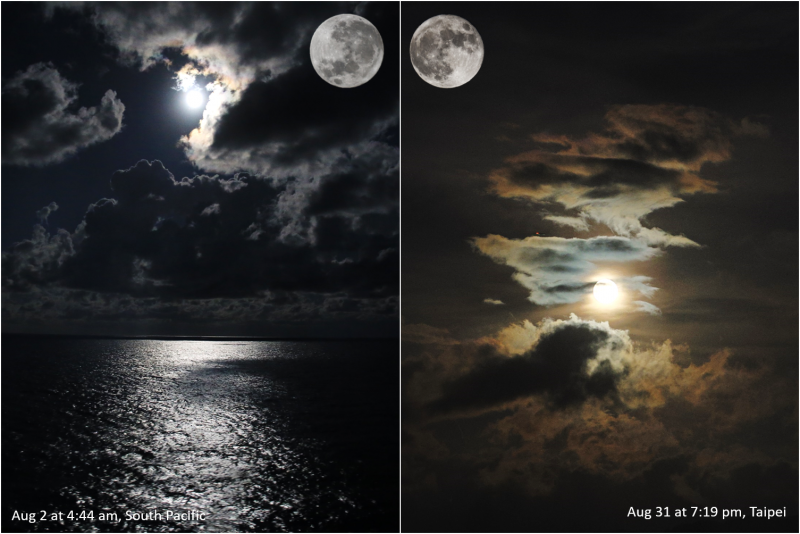 Side-by-side view of 2 full moons with clouds lit up.