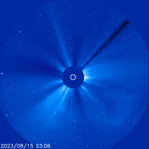 blue disk covering the sun with bright protrusions coming from all sides. On the left, the bright spot of the star Regulus comes into view.