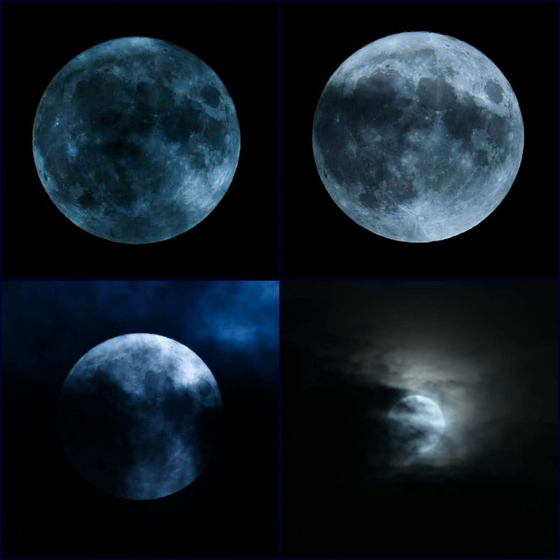 Brightest supermoon: 4 images of a blue moon. It is more visible at the 2 images at the top. At the bottom they are covered in clouds.