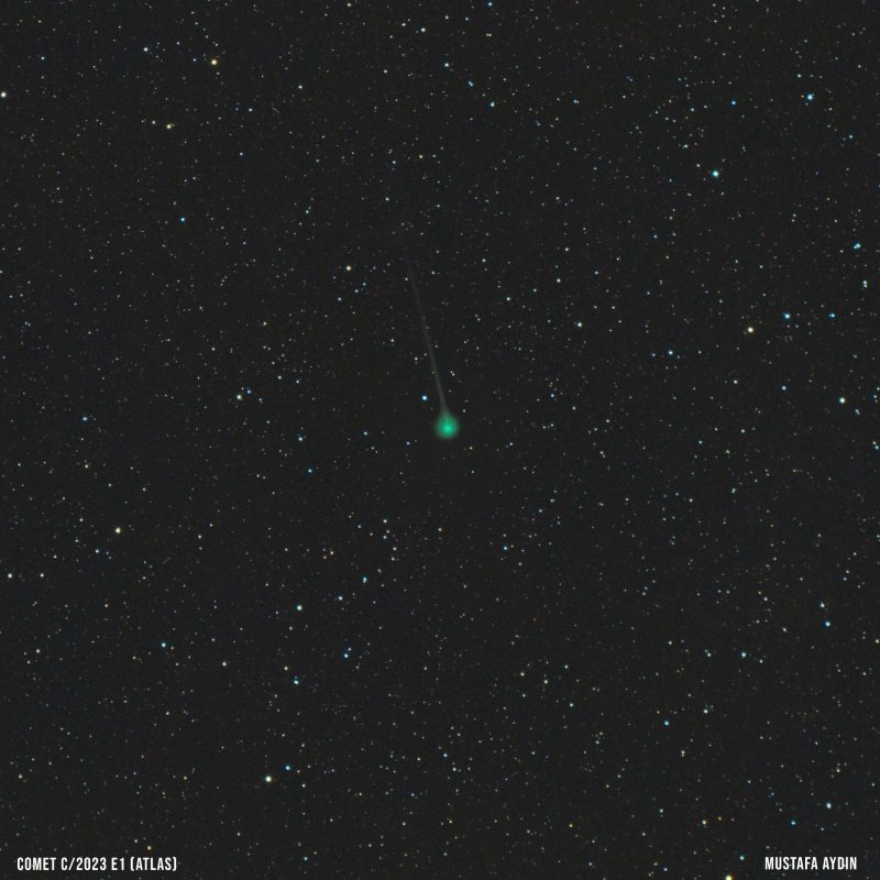 Small, fuzzy green orb with long thin green tail in a starry sky.