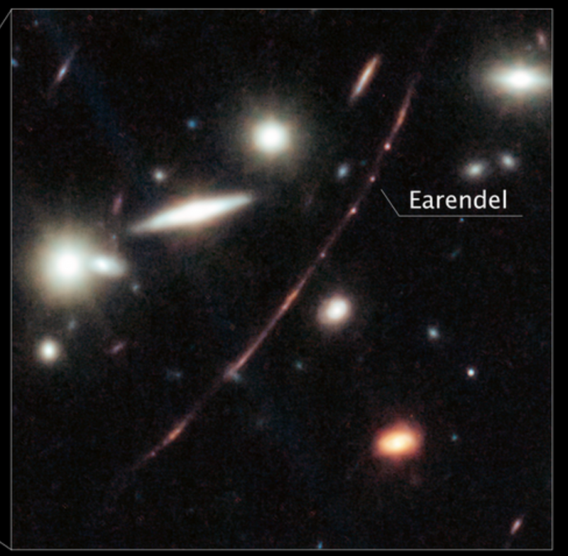 How far back in time can we see? Black sky with several galaxies, and arrow pointing to bright dot in a long, thin red arc.