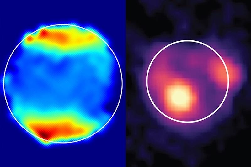 Webb telescope: Two thin white circles, representing Ganymede and Io, surrounding bright colorful blobs on dark blue backgrounds.