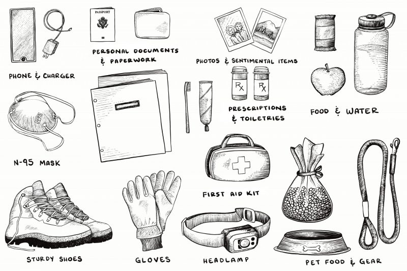 Drawings of items such as medication, gloves, pet items, etc.