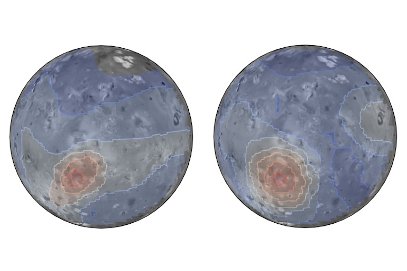 Two mottled-looking blue spheres with reddish areas surrounded by concentric contour lines.