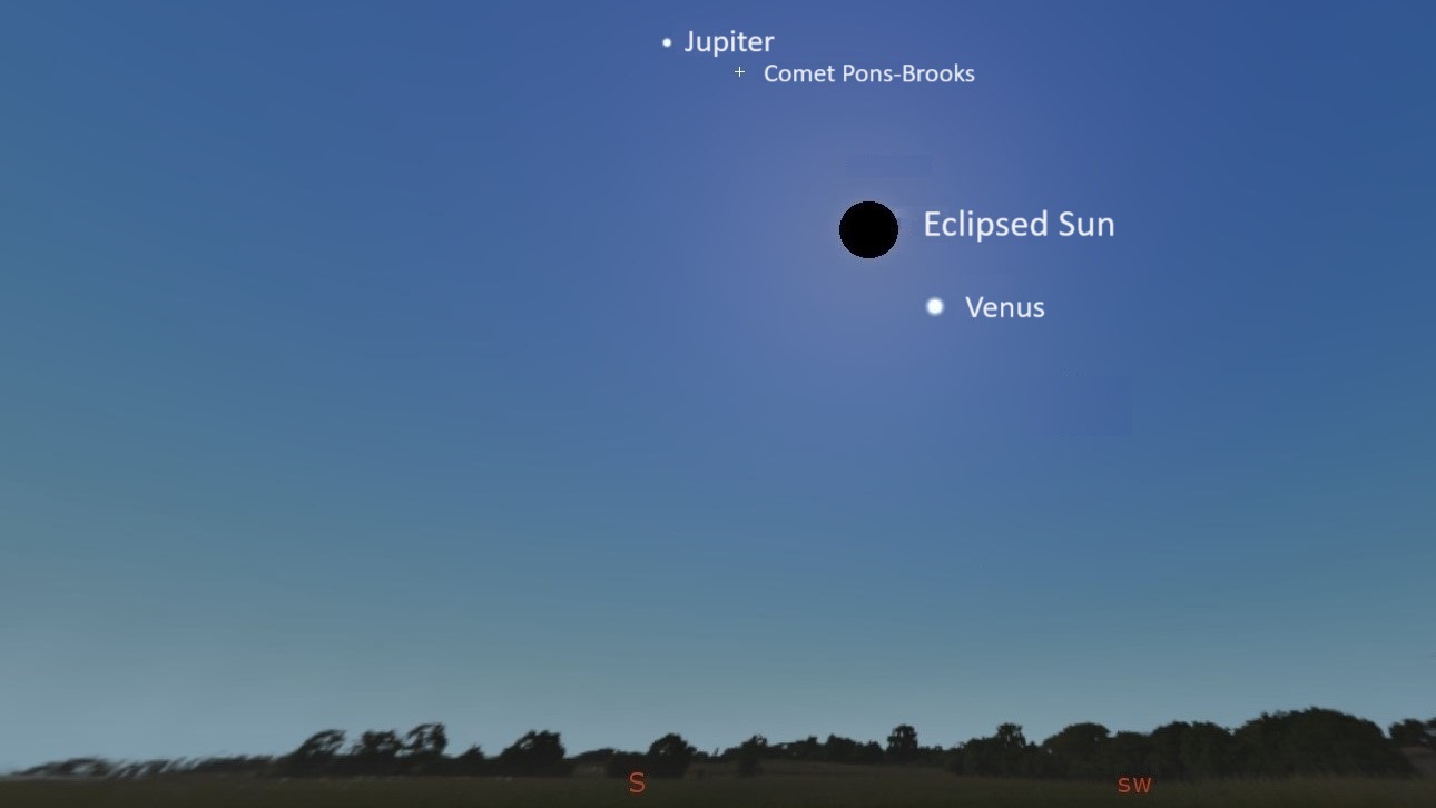 Star chart showing the eclipsed sun and Venus below it in a dull blue sky. Jupiter and the comet are above them.