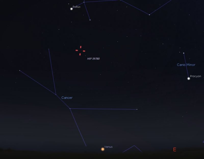 Mapa do céu mostrando Vênus no horizonte, Câncer e o cometa.