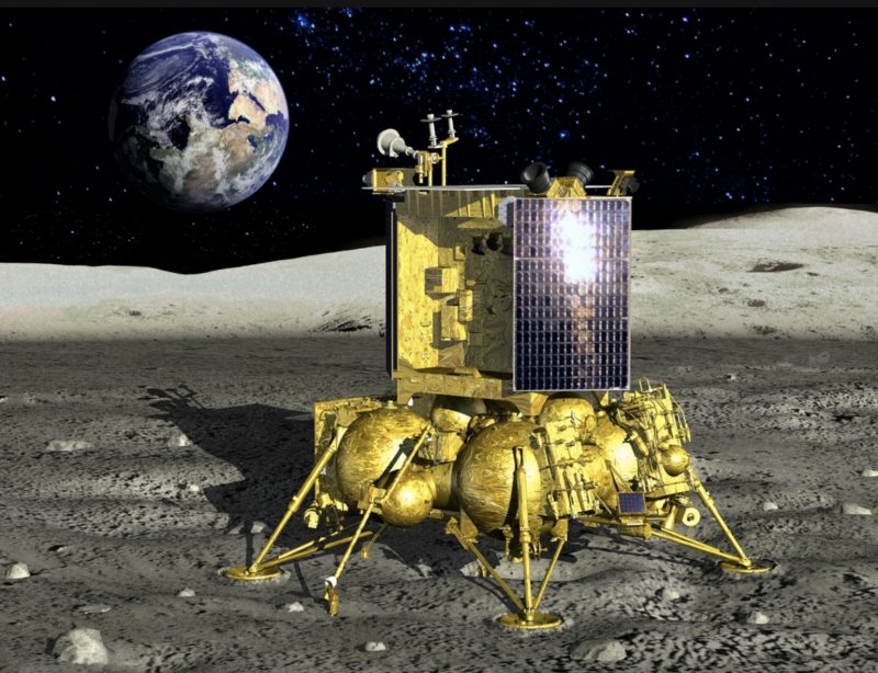 Gold machine on rocky gray lunar surface with blue-green Earth and stars in black sky.