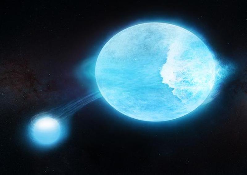 'Waves' on heartbeat star: Large bluish oval spheroid with smaller bluish sphere beside it, with a glowing streamer connecting the 2.