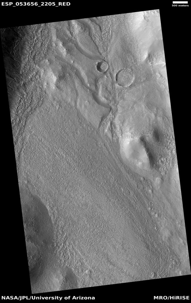 Orbital view of Martian land in black and white with large textured plain.