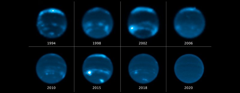 Neptune's clouds: A set of 8 images of Neptune showing lighter patches on a darker globe with year labels.