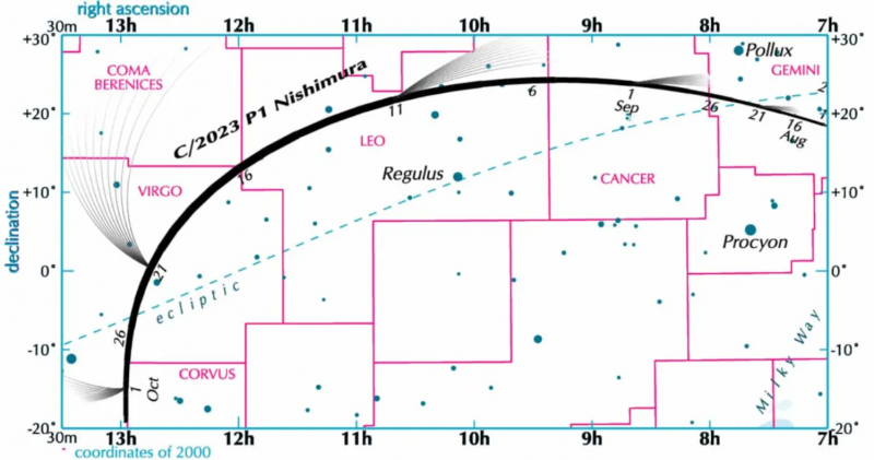 Sky chart showing boundaries of constellations and a black line arcing through, which is the comet's path.