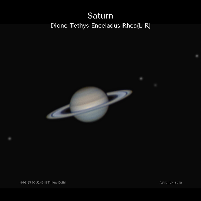 Telescopic view of pastel banded Saturn with rings and and some of its moons.