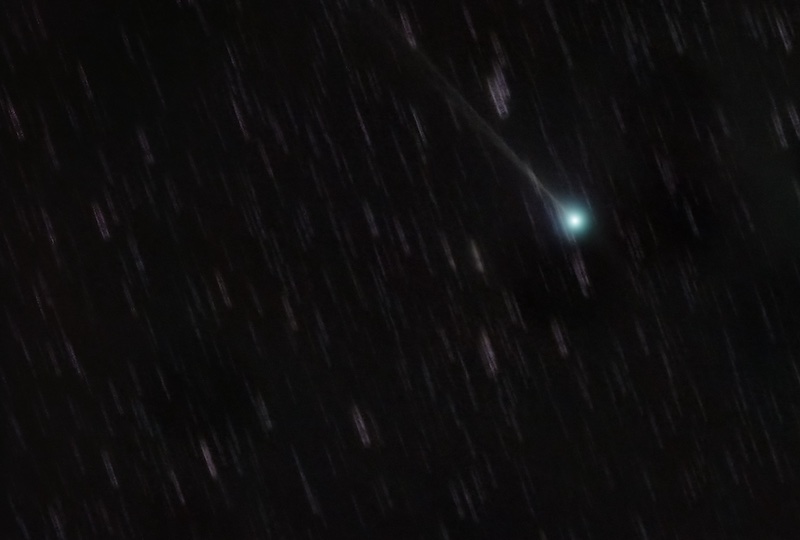 Bright, fuzzy blue-green orb with long thin tail, against many short white streaks in black sky.