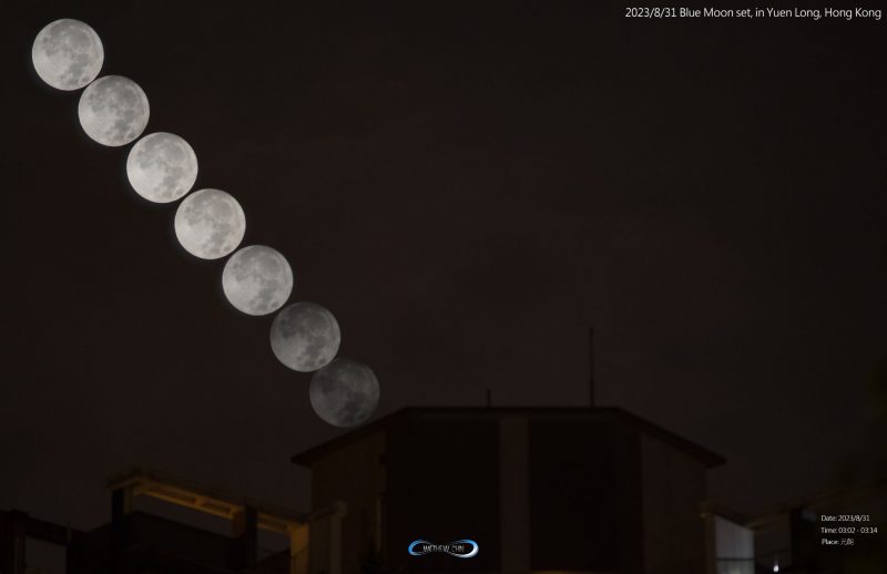 A series of moons from upper left to lower right and getting dimmer.