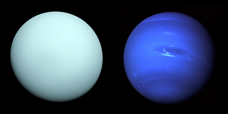 ice giants: Light bluish-green sphere on left and darker bluish and streaked sphere on right, on black background.