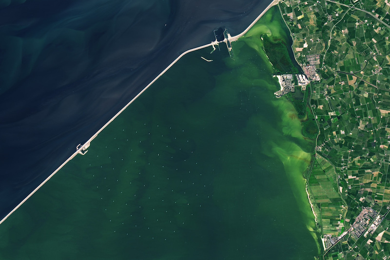 Largest windfarm: Aerial view of a wind farm from a satellite.