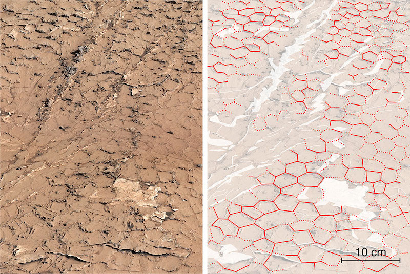 Mud on Mars: Tan soil with cracks outlining small hexagons, and schematic diagram of the image with cracks in red.