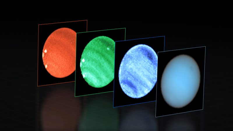 Four different colored circles with light stripes and spots showing a mysterious dark spot on Neptune.