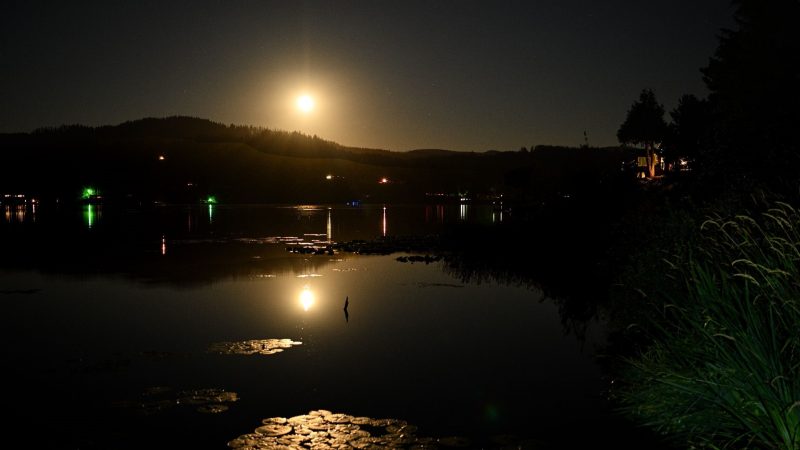 Dark night scene with the brilliant, distant moon reflecting in water.