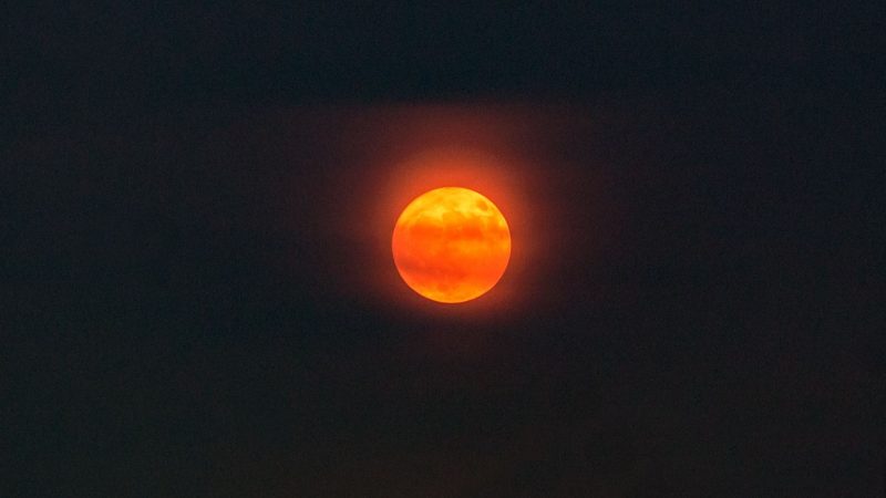 Hazy dark sky with a large, bright orange moon.