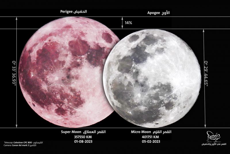 Large pink supermoon and smaller white micromoon partly overlaid on it.
