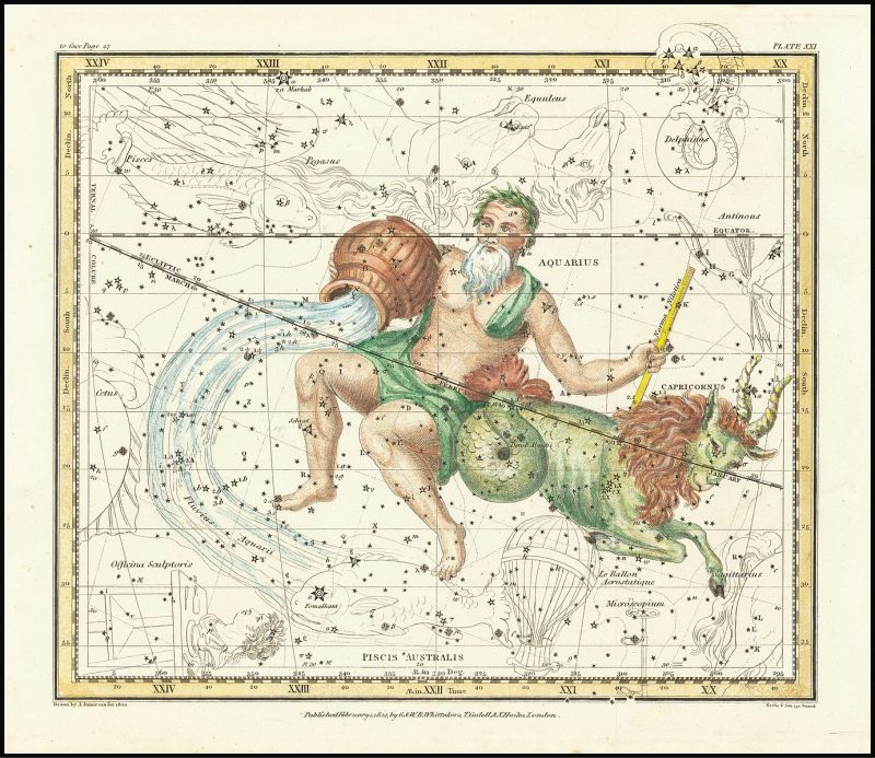 Antique etching of an old man carrying a water jug. Below him is a fish. Stars are scattered over the chart.