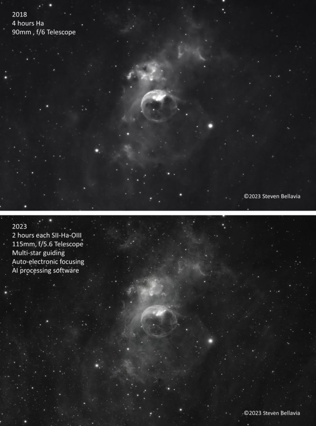 Two black and white images of the Bubble nebula, the top fuzzier and the bottom with more intricate structure.