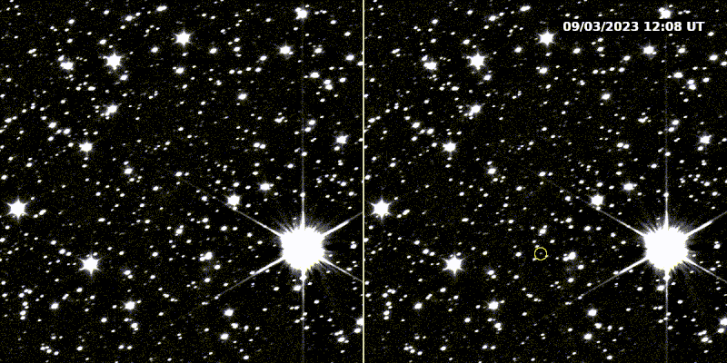 Two panels of a starfield, with a dot that visibly moves among the stars, circled in right panel.