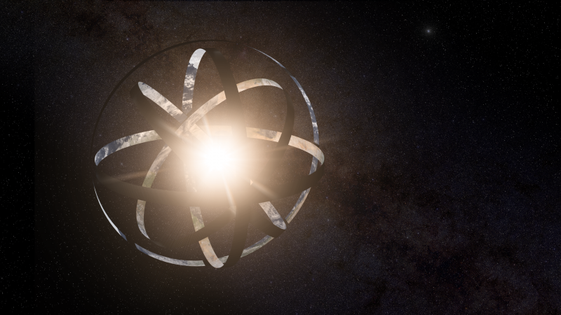 A bright light at the center of a series of rings with a dark but starry background.