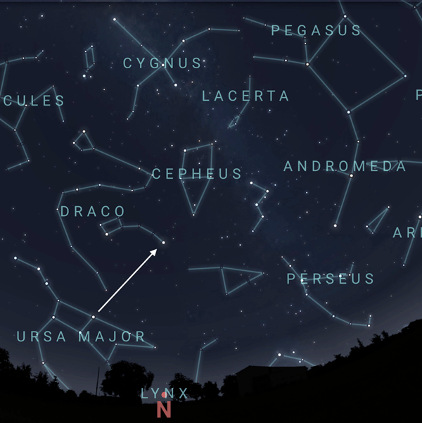 Animation showing constellations with arrows pointing from the Big Dipper to Cassiopeia to the Great Square.